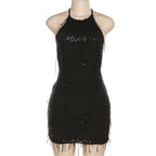 Gleaming Halter Neck Backless Sequin Tassel Party Dress