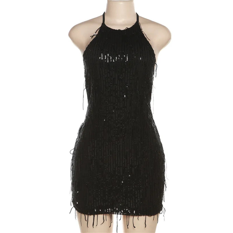 Gleaming Halter Neck Backless Sequin Tassel Party Dress