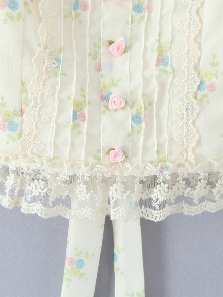 Sweet Floral Print Chic Lace Short Blouses Vintage Square Collar Puff Sleeve Slim Shirt