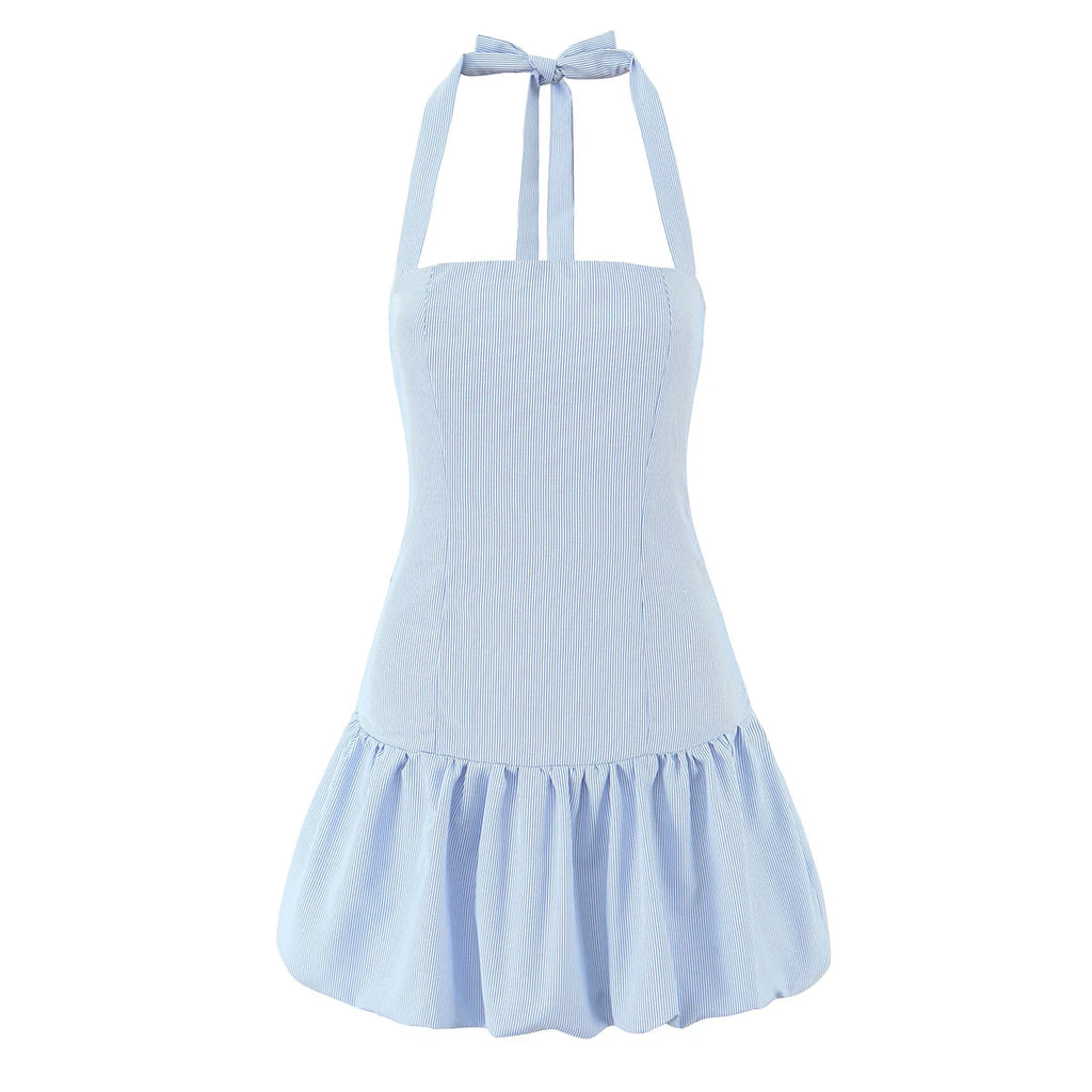 Stripes Tie Bow Halter Sling Satin Dress Women Low Waist Ball Gown Pleated