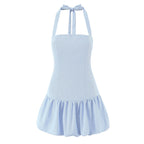 Stripes Tie Bow Halter Sling Satin Dress Women Low Waist Ball Gown Pleated