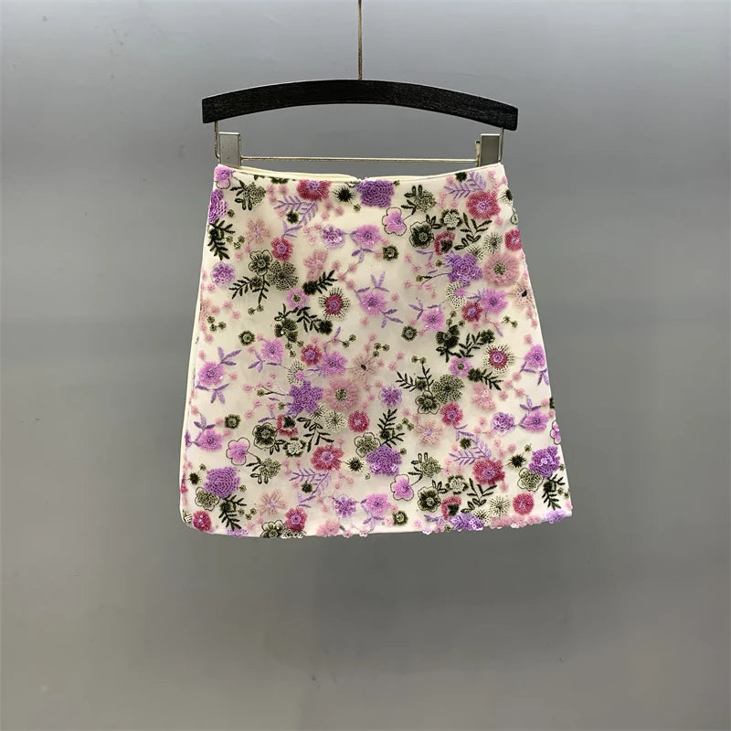 Floral Sequined Mini Skirt With High Waist Glam Inspired Retro Vibe