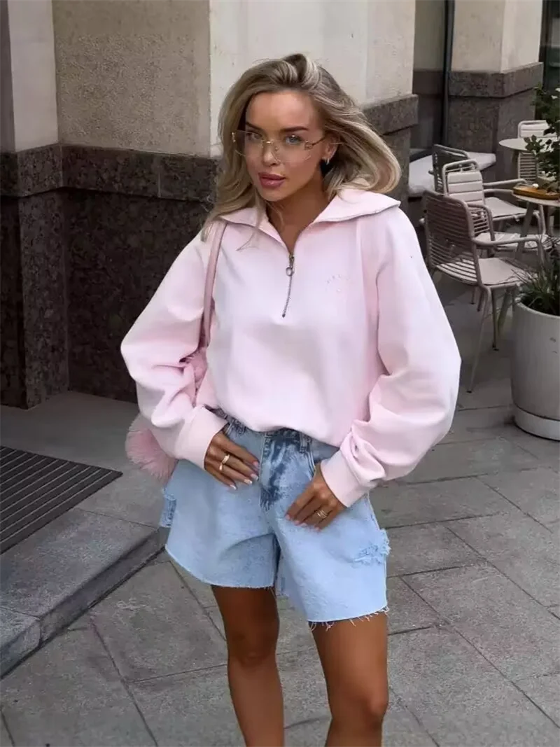 Fashion Women Pink Sweatshirt Vintage  Pullover Loose Half Zip Letter Embroidery Outwear