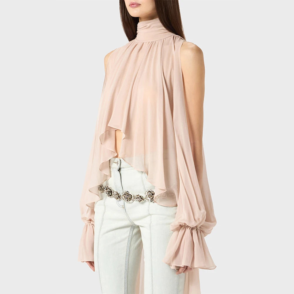 Off Shoulder Chiffon Blouse With Lightweight Fit Asymmetrical Hem And Bow Detail