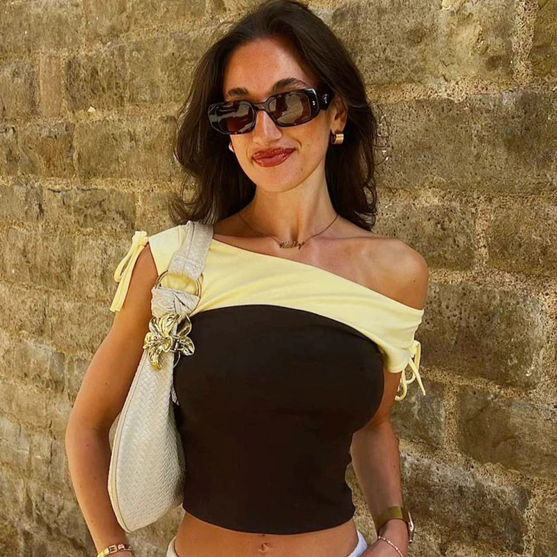 Ruffled Crop Tank With Lace Up Patchwork O Neck Sleeveless Top