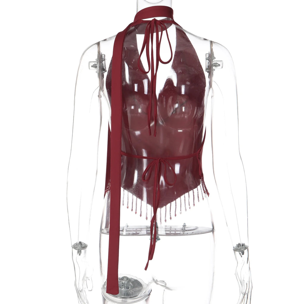 Halter V Neck Backless Crop Top With Lace Up Crystal Tassels