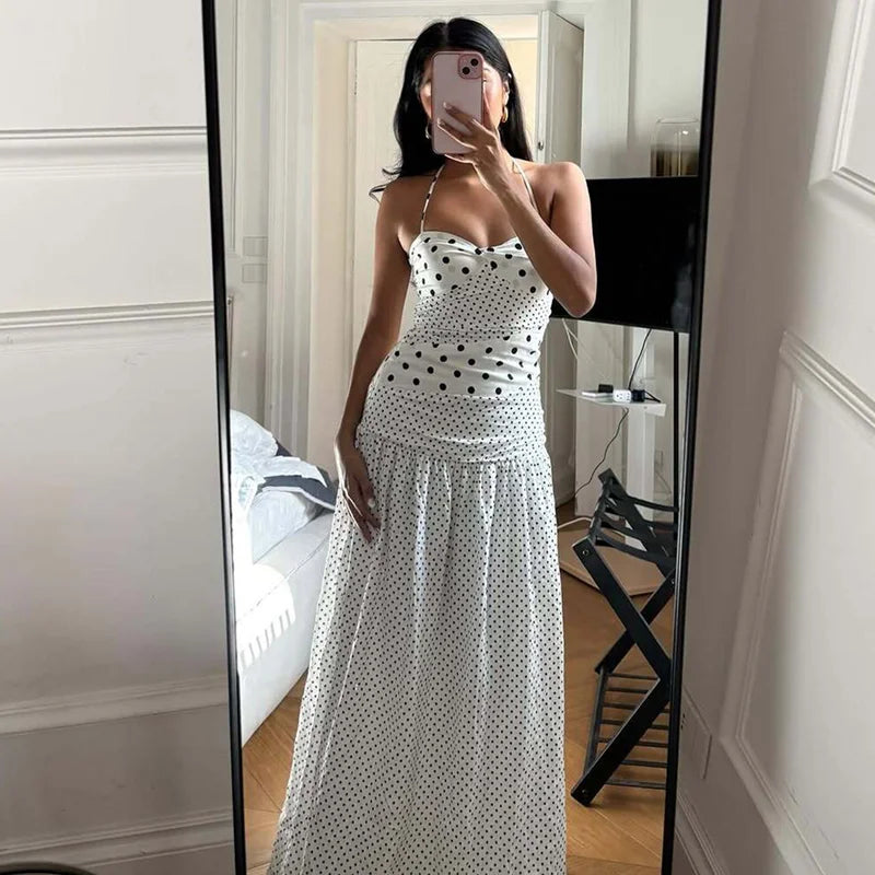 Backless Lace Up Polka Dot Maxi Dress