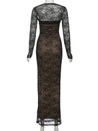 Coquettish Low Neck Maxi Dress With Lace Full Sleeve Midnight Jacquard