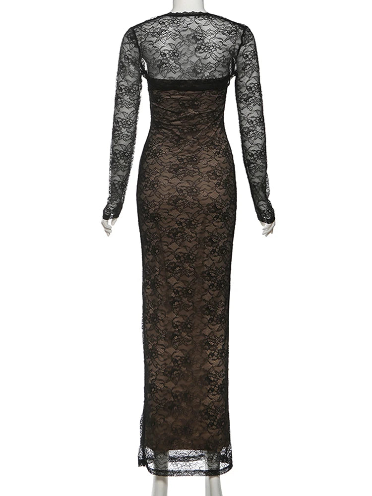 Coquettish Low Neck Maxi Dress With Lace Full Sleeve Midnight Jacquard