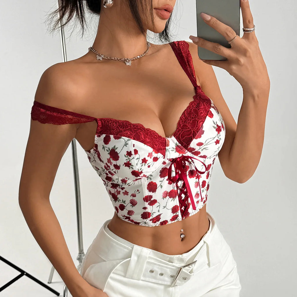 Floral Cami Top With Lace Trim Underwire Bandage Fishbone Backless Corset