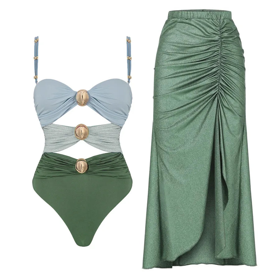 Off Shoulder Patchwork Belted One Piece Swimsuit With Cover Up for Beachside