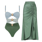Off Shoulder Patchwork Belted One Piece Swimsuit With Cover Up for Beachside