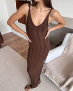 Backless Knit Maxi Dress With V Neck Sleeveles Long Gown