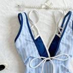Blue And White Striped One Piece Swimsuit For Summer Vacation Chic Slim Fit Beachwear