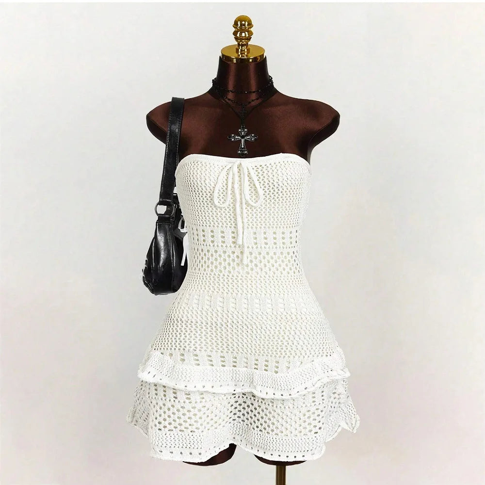 Sexy Women Knit Beach Dress Hollow Out Sleeveless Bikini Cover-Ups Mini Dress