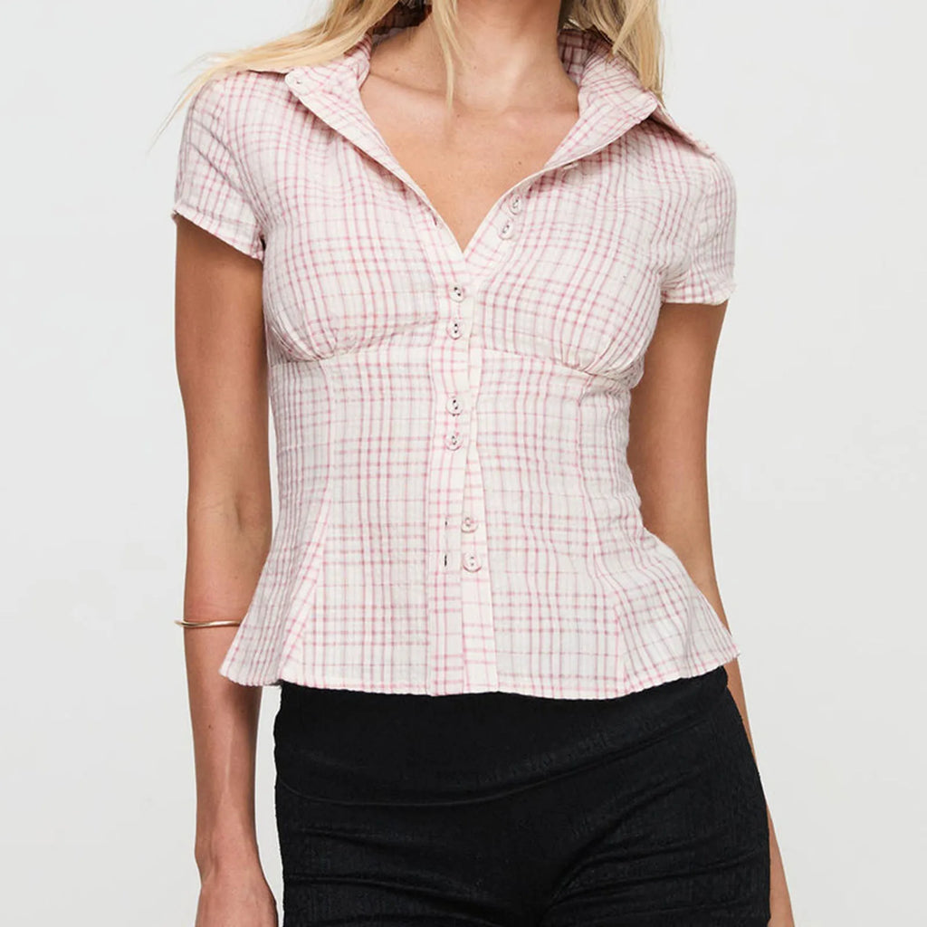 Vintage Plaid Button Down Shirt For Women Short Sleeve Blouse