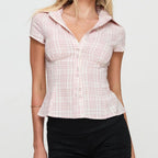 Vintage Plaid Button Down Shirt For Women Short Sleeve Blouse