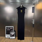 Hollow-Out Knit Vest Dress With Metal Buttons Sleeveless Slit