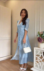 Printed Lace Patchwork Long Dress, Elegant Mid Sleeve V-Line Button Slit