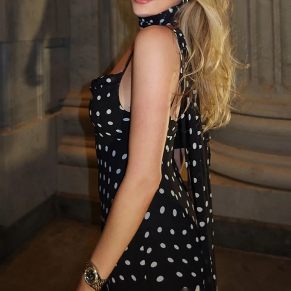 Elegant Polka Dot Halter Sleeveless Maxi Dress With Pleated Skirt And Ribbon Scarf
