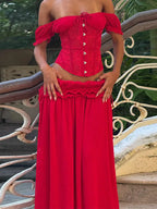 Boho Corset Two Piece Set With Lace Crop Top And Flowy Maxi Skirt
