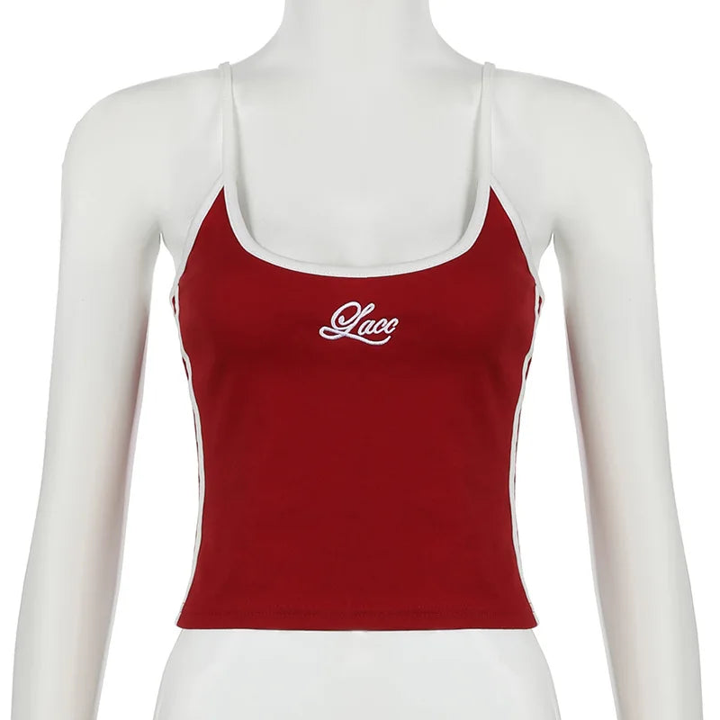 Embroidery Letter Contrast Set With Backless Camisole Top And Drawstring Elastic Shorts