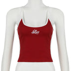 Embroidery Letter Contrast Set With Backless Camisole Top And Drawstring Elastic Shorts