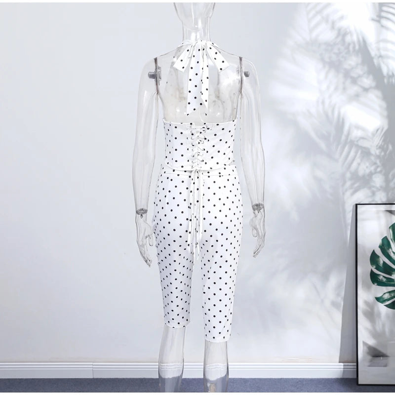 Chic Polka Dot Two Piece Set With Halter Lace Up Corset Top And Cropped Pants Y2K Inspired Outfit