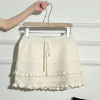 Patchwork Knit Mini Skirt With High Waist Ruffle And Hollow Out Details