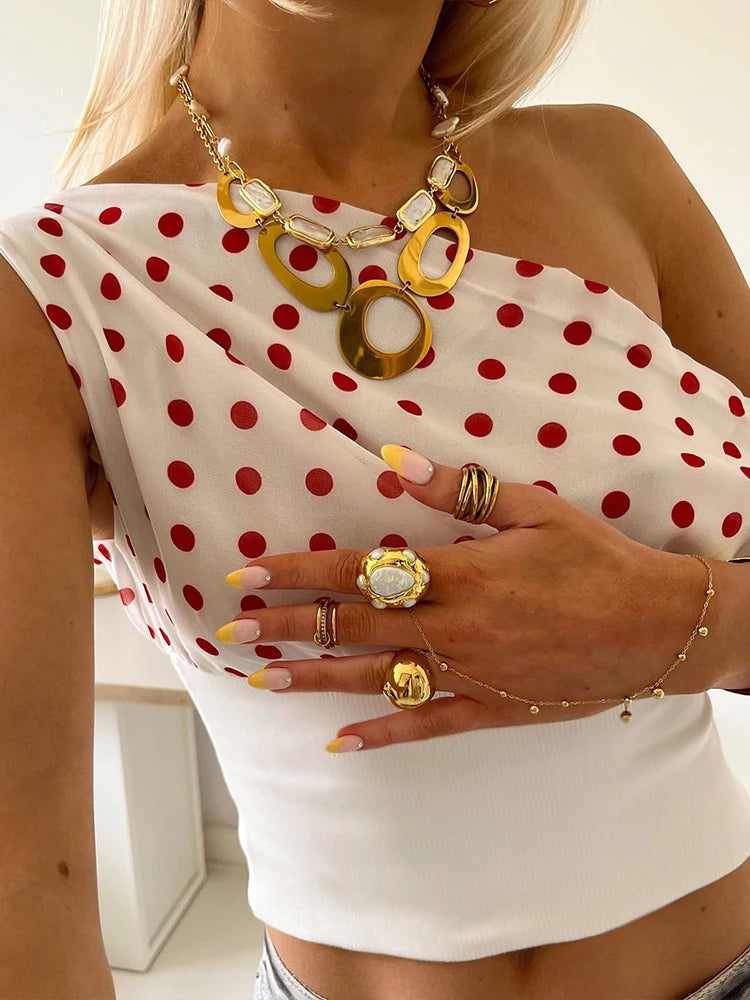 Polka Dot Off Shoulder Crop Top With Skew Collar And Ruched Backless
