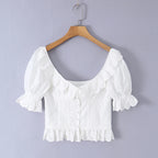 Sweet White Embroidered Floral Crop Shirt With V Neck Puff Sleeves And Ruffle Hem Slim Fit