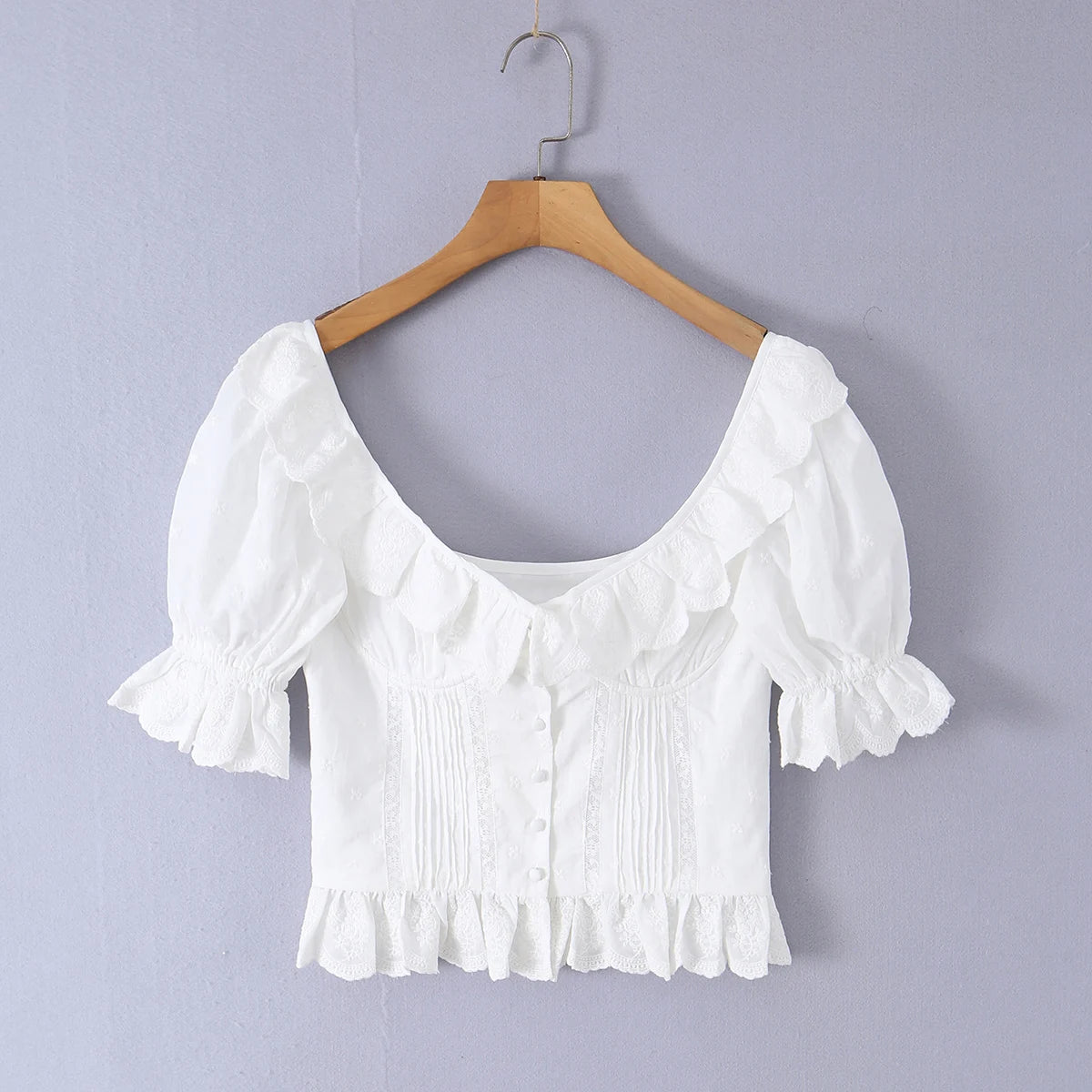 Sweet White Embroidered Floral Crop Shirt With V Neck Puff Sleeves And Ruffle Hem Slim Fit