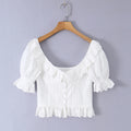 Sweet White Embroidered Floral Crop Shirt With V Neck Puff Sleeves And Ruffle Hem Slim Fit