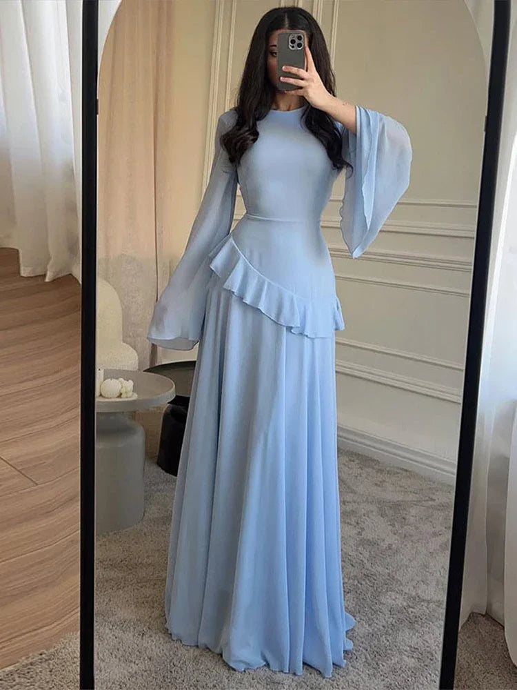 Flare Sleeve Maxi Dress With Ruffle Detail O Neck High Waist Pleated