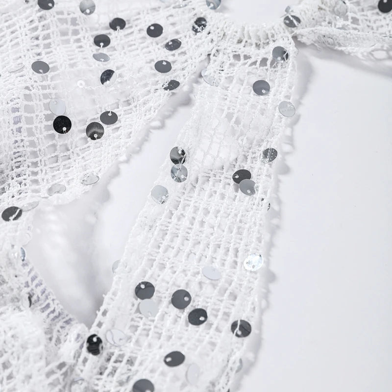 Sexy Sequin Hollow Out Knit Maxi Dress With One Shoulder Front Split Gown