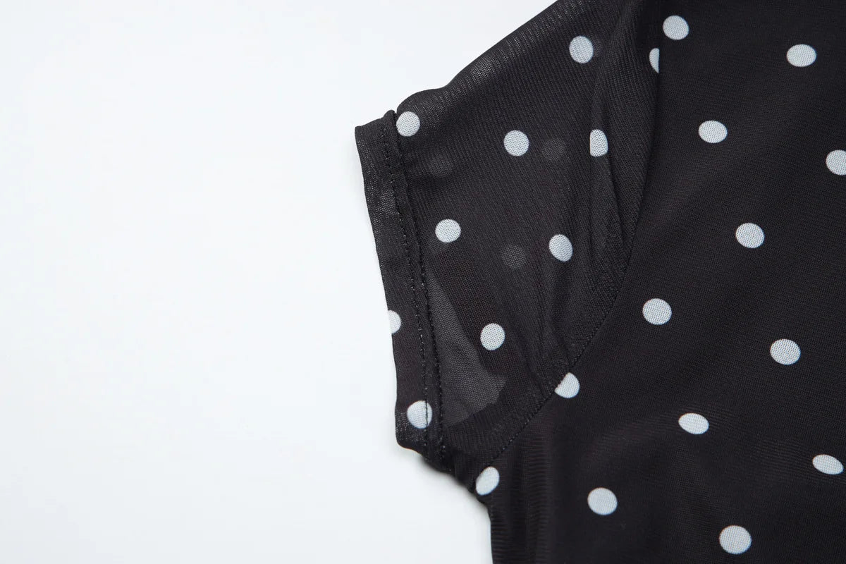 Dot Print Square Neck Mesh Tee