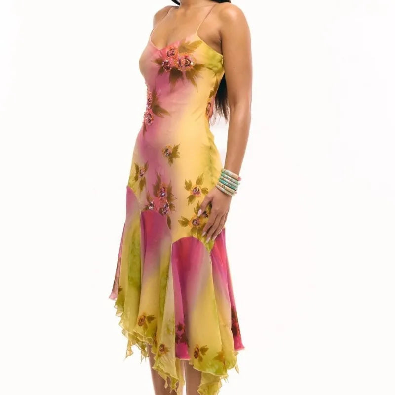Floral Off Shoulder Sequined Dress With Irregular Hem