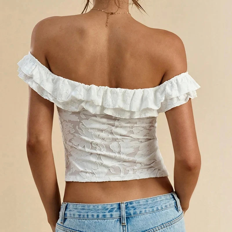 Flirty Sheer Lace Crop Top With Ruffle Trim Off Shoulder Twist