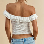Flirty Sheer Lace Crop Top With Ruffle Trim Off Shoulder Twist