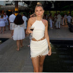 Sequin V-Neck Lace Top Ruffle Skirt Set Slim Fit Sleeveless Sheer