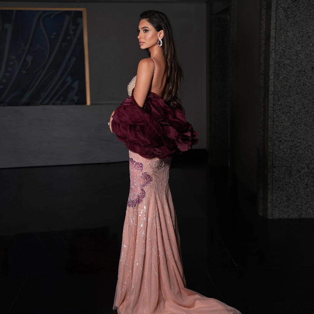 Elegant Pink Floral Beaded Evening Dress With Burgundy Shawl Cape For Women Party Gown