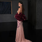 Elegant Pink Floral Beaded Evening Dress With Burgundy Shawl Cape For Women Party Gown