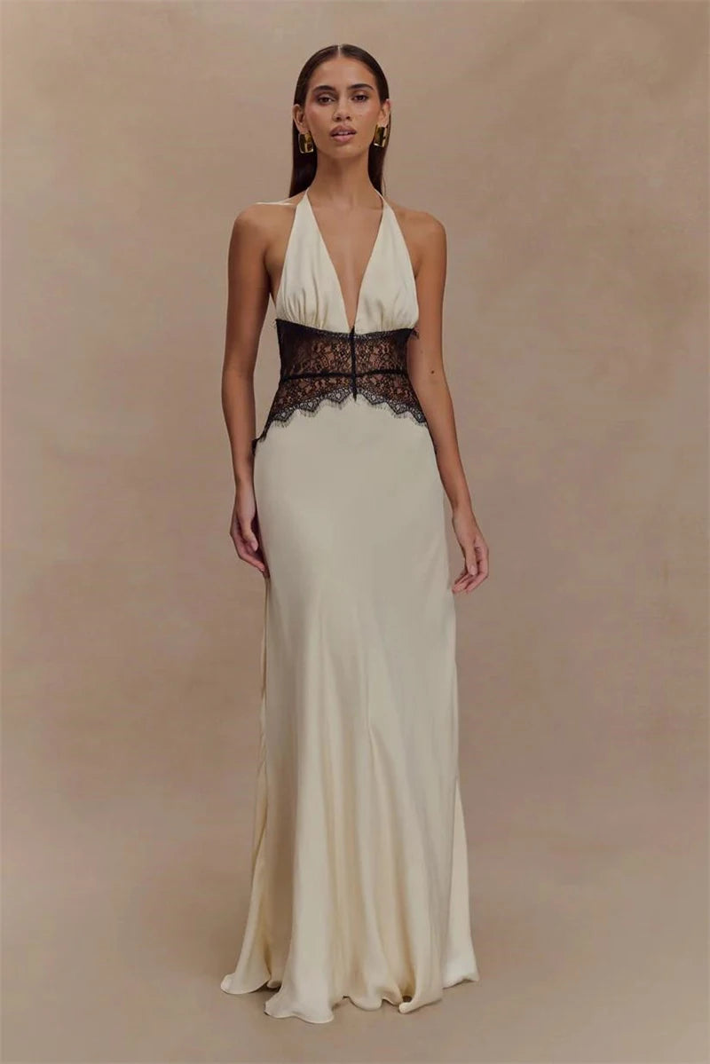 Backless Maxi Gown With Patchwork Lace Halter Neck Deep V And High Waist Elegance