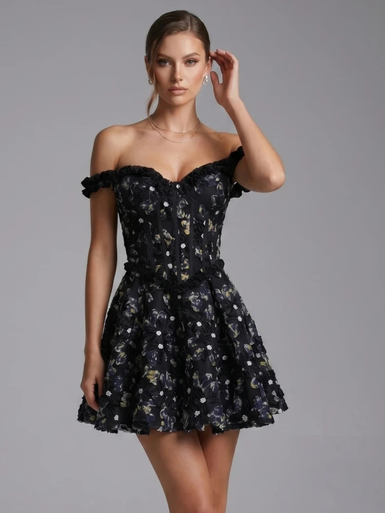 Off Shoulder Floral Embroidery Mini Dress With Delicate Ruffles Sleeveless And Backless