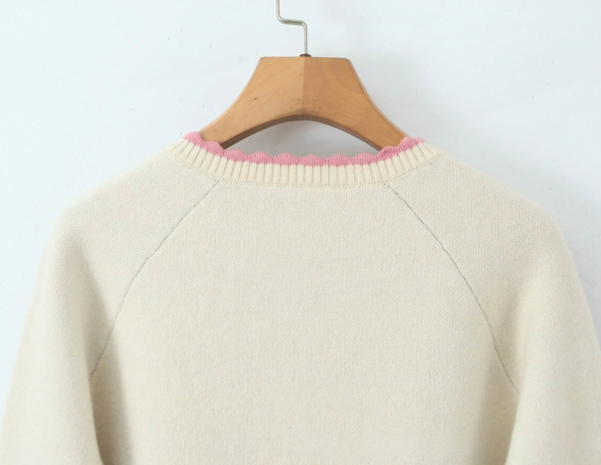 Women Sweater Cardigan Lovely Short Embroidered Sweaters O Neck Knitted Jumpers