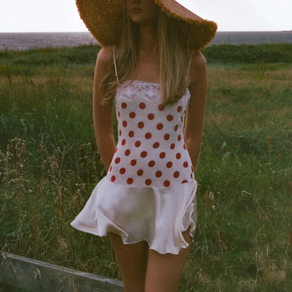 Polka Dot Satin Cami Dress With Lace Trim And Ruffle Hem Mini