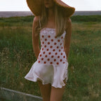 Polka Dot Satin Cami Dress With Lace Trim And Ruffle Hem Mini