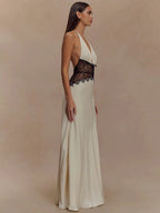 Backless Maxi Gown With Patchwork Lace Halter Neck Deep V And High Waist Elegance