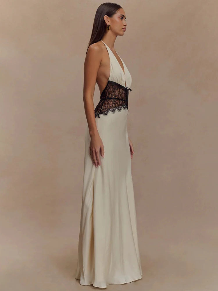 Backless Maxi Gown With Patchwork Lace Halter Neck Deep V And High Waist Elegance