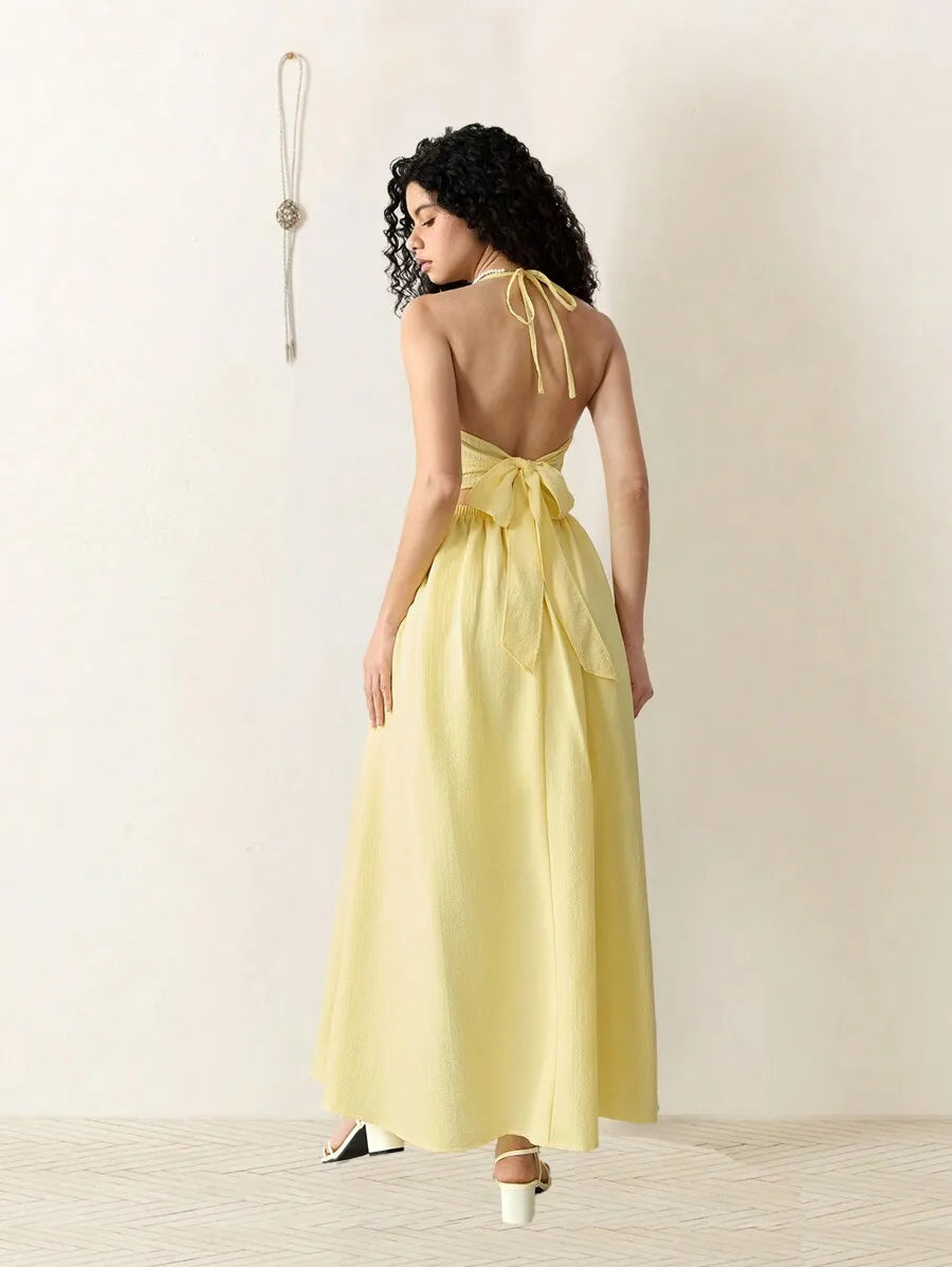 Halter Backless Midi Dress With Bowknot Waist Tie A Line